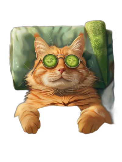 illustration of an orange cat wearing sunglasses and cucumber on its eyes, lying down in the bed with green pillow , black background, hd