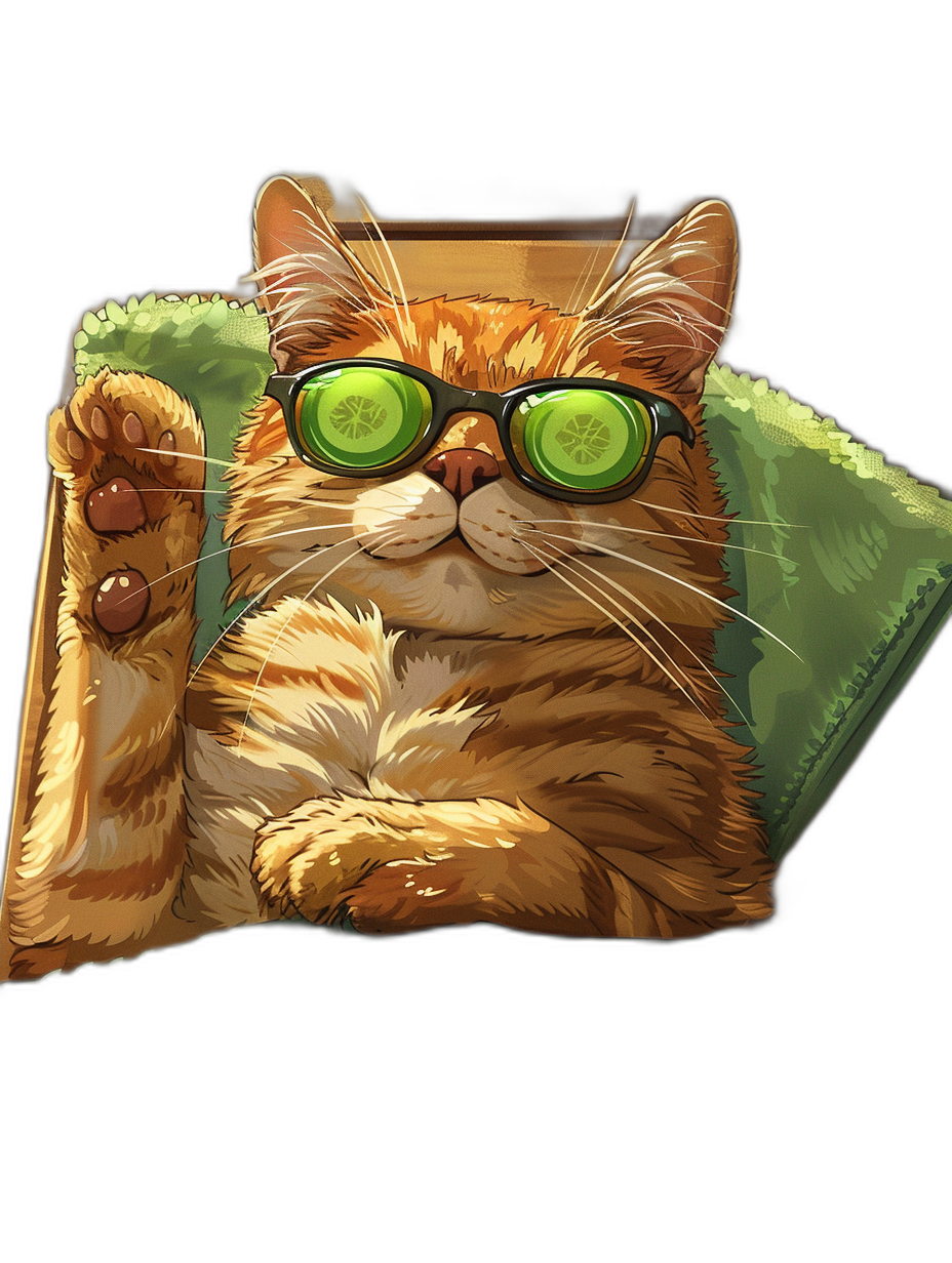 t-shirt design, Cool Orange Cat with Cucumber Water eyes glasses sitting on top of a green blanket in a box, a simple vector illustration, he is raising his paw to the sun and wearing sunglasses, isolated on a black background, portrait view.