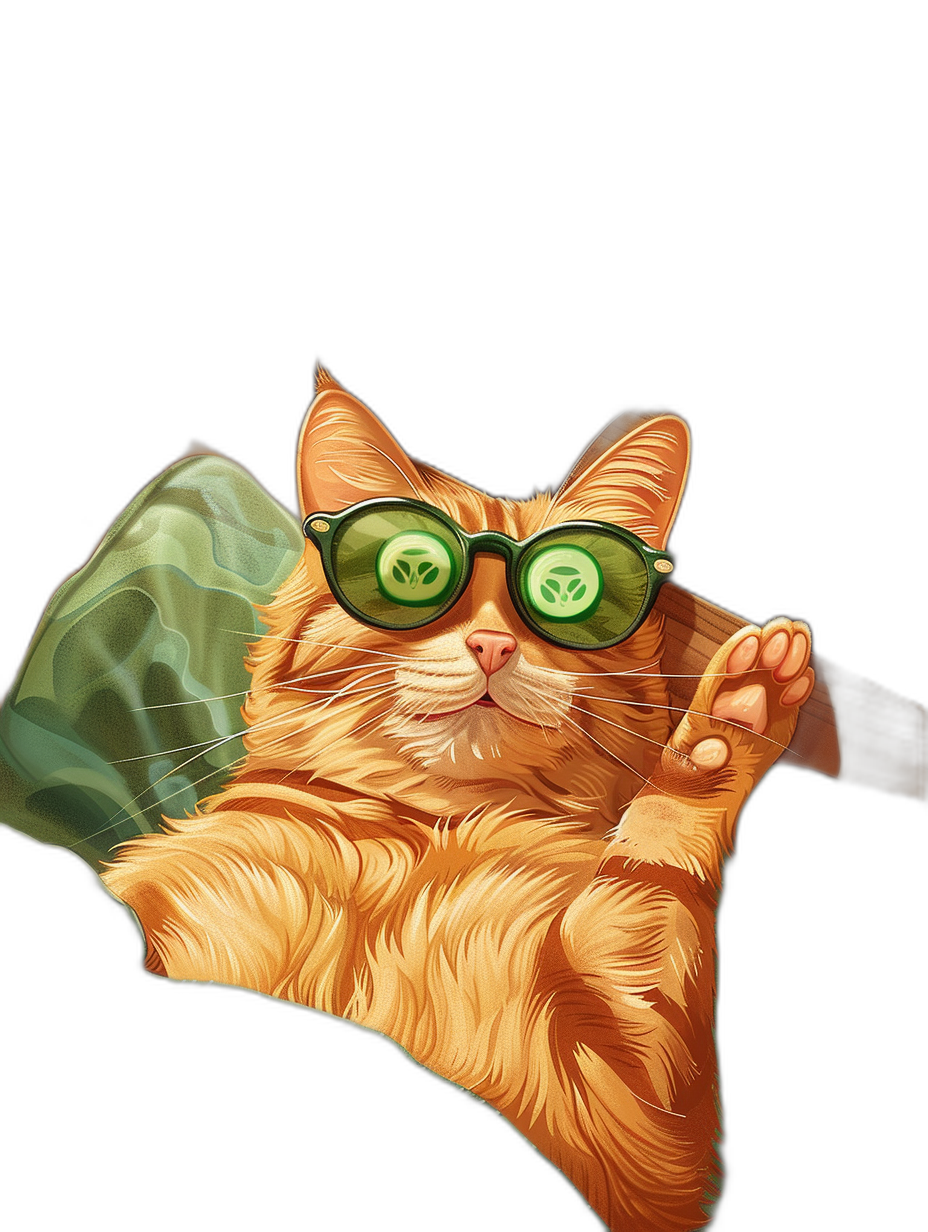 digital art of cute fat orange cat wearing sunglasses and holding cucumber, hand up with middle finger , black background, chill vibes, dark green color theme