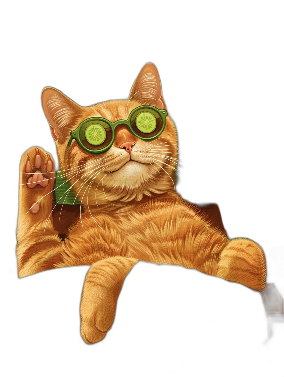 illustration of orange cat with cucumber in eyes lying on back, holding paw up to camera, wearing green glasses, black background, high resolution, high details, digital art style