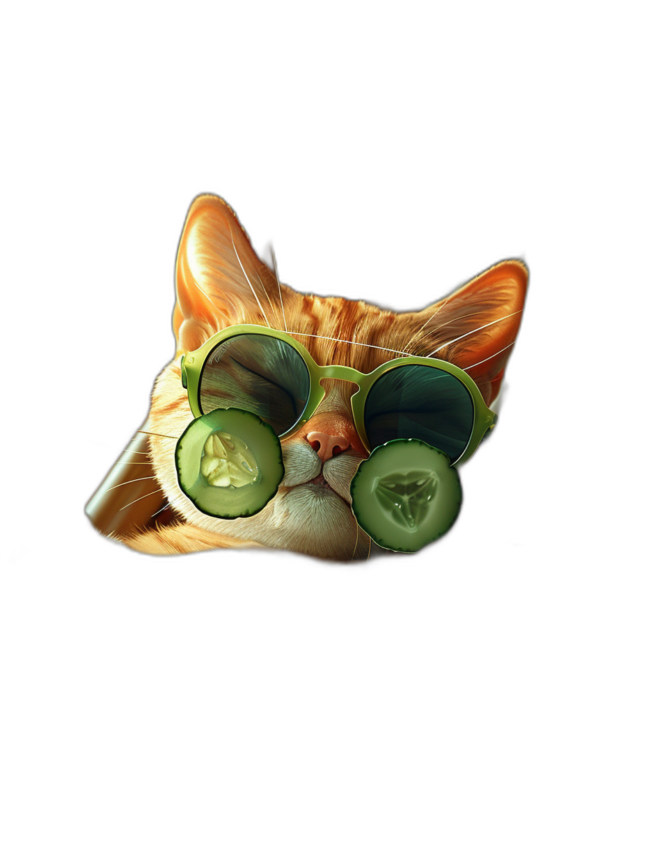 A cat with cucumber sunglasses, funny, isolated on black background, high resolution photography