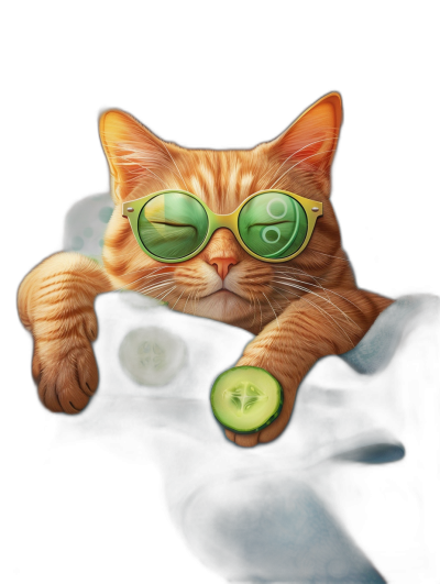 A photorealistic illustration of an orange cat wearing green sunglasses and holding cucumber slices in its paws, lying on the back with black background. The scene is set at night with soft lighting highlighting every detail from fur to glasses and wheels of melon juice. A high-resolution digital art piece that captures the whimsical essence of a playful feline enjoying the tranquility of spa time.