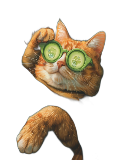 a cute ginger cat wearing cucumber slices glasses, his paw is raised and he's holding up the rim of one glass to look down through it like an eyepatch, black background, detailed digital art