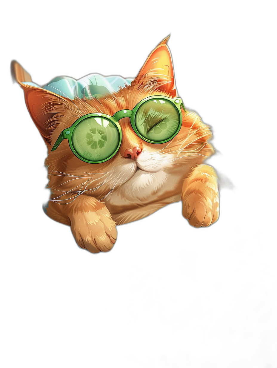 Cute orange cat wearing green sunglasses, flying in the air against a pure black background, in the style of a cartoon, as a cute pet illustration in a colorful, full body portrait style, for a high definition wallpaper.