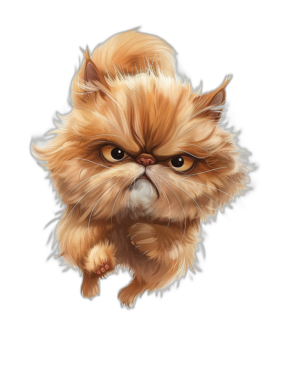 realistic cartoon illustration of an angry persian cat, jumping up towards the camera, isolated on black background, digital art in the style of Disney and Pixar, trending in Artstation stock photo contest winner