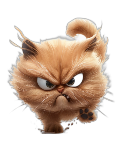 grumpy cartoon cat, angry, cute, fluffy fur, in the style of Pixar, black background, high resolution