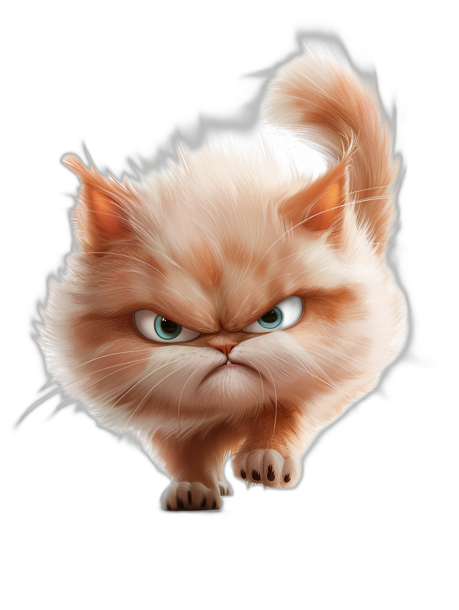 realistic digital illustration of an angry cute persian cat, running towards the camera, black background, in the style of Pixar and Disney animation studios.