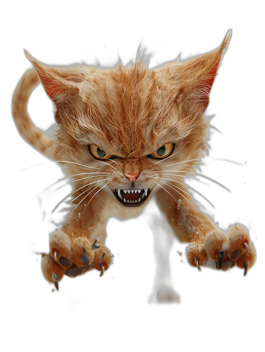 3d render of angry cat jumping towards the camera, isolated on black background, pixar style