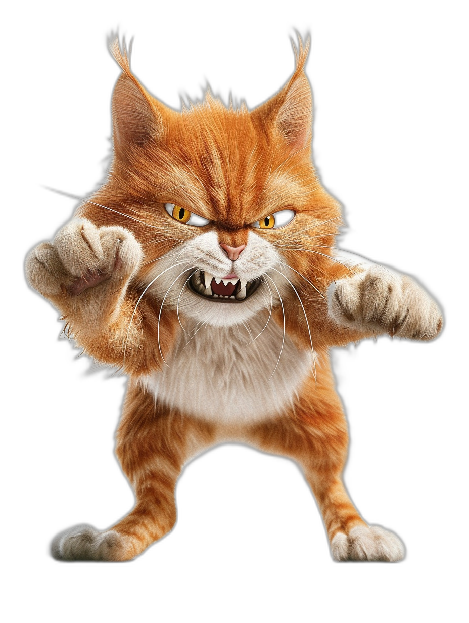 3D render of an angry ginger cat with white paws, in a fighting pose, on a black background, in the style of Pixar.