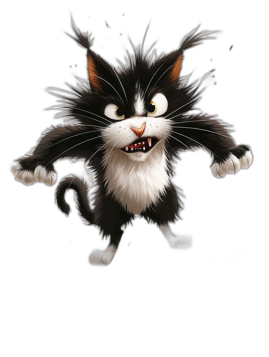 A black and white cat with sharp teeth jumping in a cute cartoon style in the style of Disney Pixar, on a black background, with high definition, high resolution, and hyper quality.