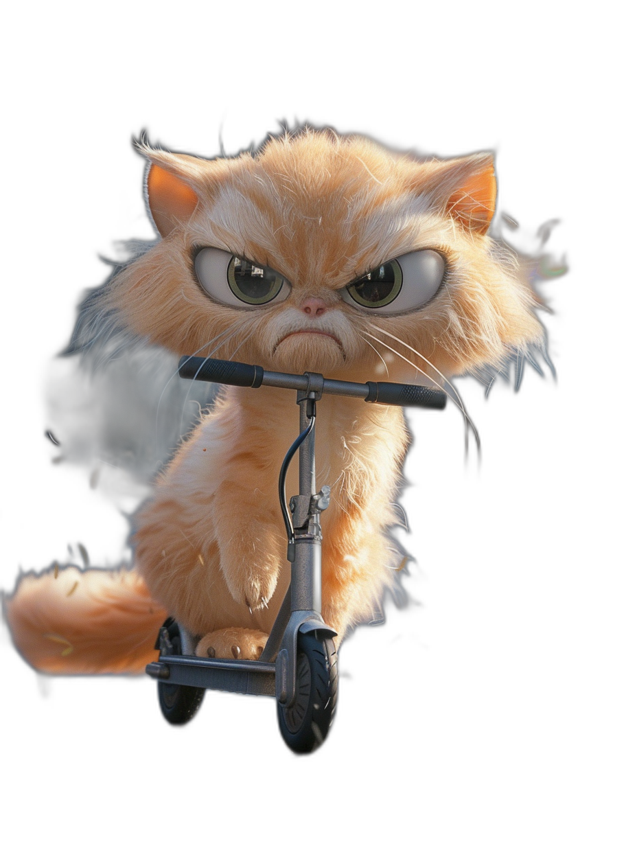 grumpy orange cat with big eyes sitting on scooter, angry face, in the style of Pixar, black background, high resolution