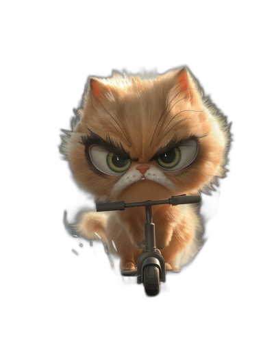 front view of a cute angry cat on a scooter, in the style of Pixar, on a black background, of a cartoon character, rendered in Octane, at a high resolution