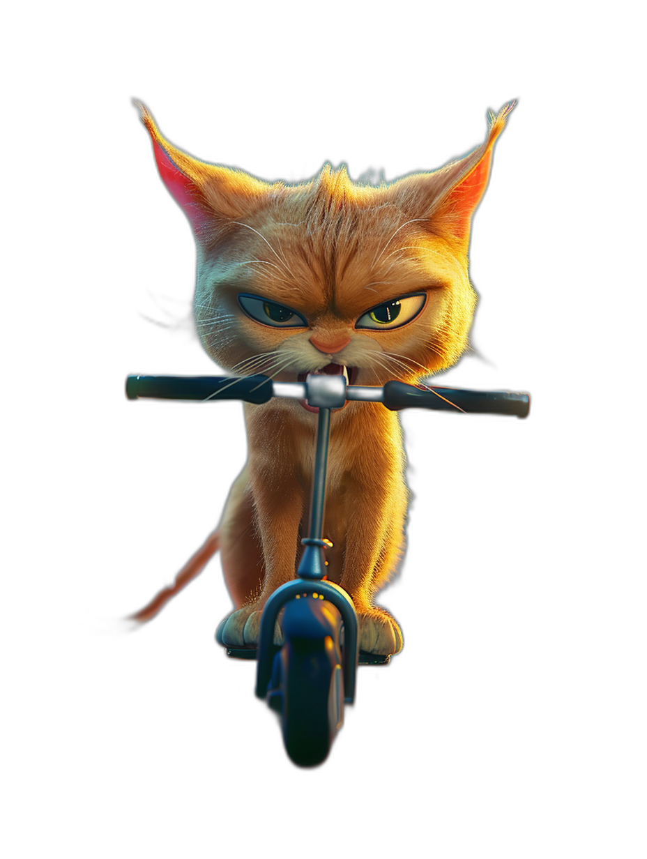 A cute cat sitting on an electric scooter, in the style of Pixar, on a black background, with an angry face, in high resolution, rendered with Octane.