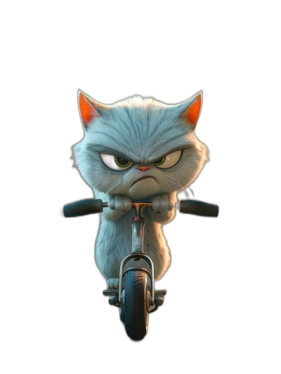 grumpy cat on scooter, angry face, black background, cartoon style, in the style of Disney Pixar movie poster, 3D render, cute, soft light, high resolution, super detailed