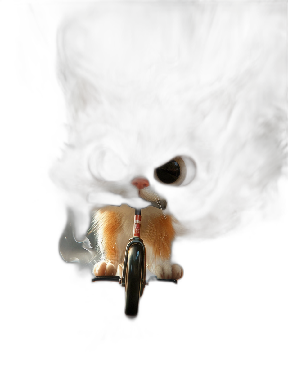 realistic digital illustration of an adorable kitten riding on the front wheel and smoking in his mouth, black background, close up portrait, smoke around him, high contrast lighting, cinematic lighting, in the style of [Greg Rutkowski](https://goo.gl/search?artist%20Greg%20Rutkowski)