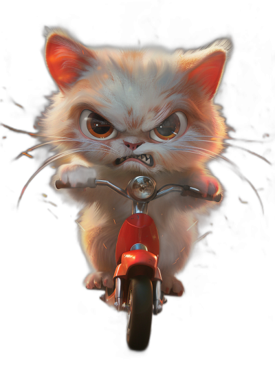 front view of a cute angry white cat with brown eyes riding a red scooter, with an angry face, on a black background, digital art in the style of Disney Pixar studio, an adorable big expressive pixar style Illustration, a cute fluffy furry kitten character, cinematic light and shadows, volumetric lighting, super detailed, high resolution