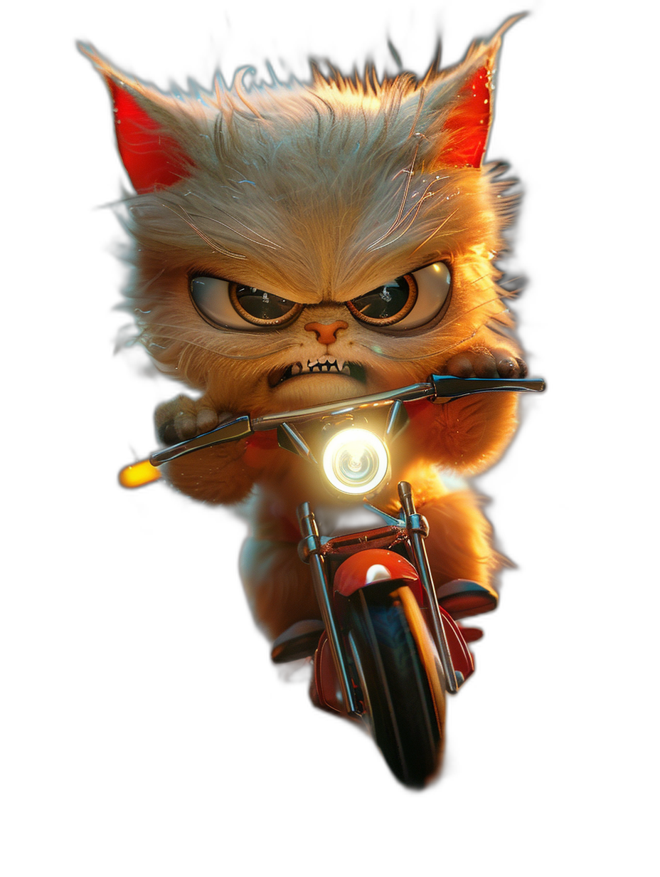 front view of cute furry kitten character with angry face riding on motorbike, cartoon style, black background, digital art by Pixar and Disney