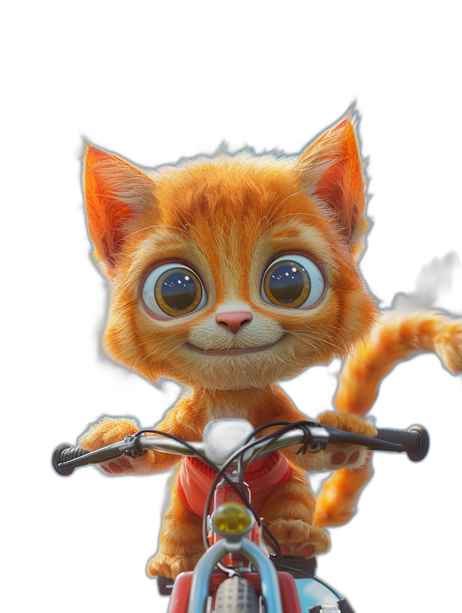 A cute orange cat, wearing red  and riding on a bike with big eyes. Black background, in the style of Pixar, 3D rendering, cute cartoon character design, high-definition, high resolution, and a cute expression. The overall color scheme is bright and warm, in focus, front view.