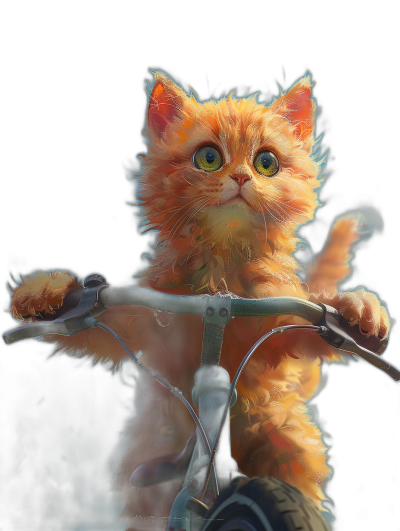 A cute orange cat riding on the handlebars of a bicycle against a black background, in the fantasy art style of a digital painting, in the style of a Disney Pixar character, with hyper realistic and hyper detailed rendering.