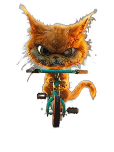 A cute orange cat with an angry face riding on the front of a bicycle, in a cartoon style, on a black background, digital art in the style of Disney Pixar studio, adorable, high resolution, with intricate details, cute and dreamy, with hyper detailed, hyper realistic details.