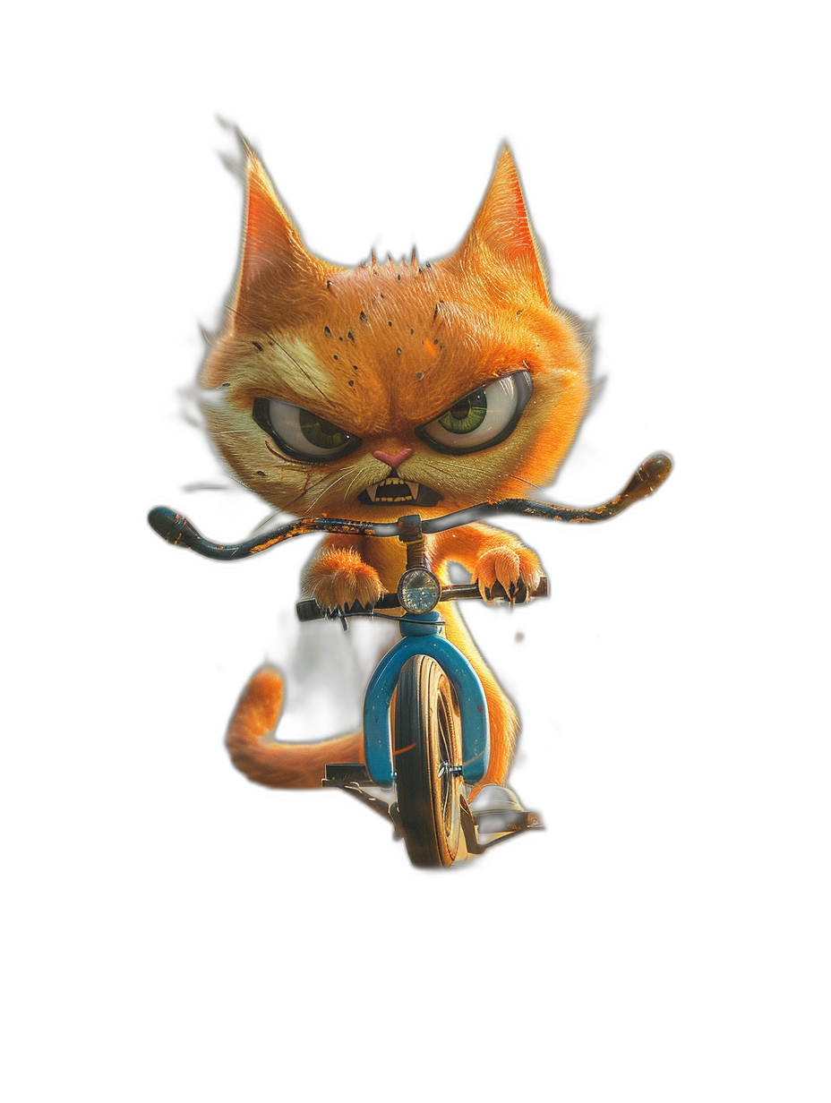 A cute orange cat riding on the front of a bicycle, with an angry expression and wide eyes, in the style of Pixar, black background, cartoon character design, full body shot, high definition.