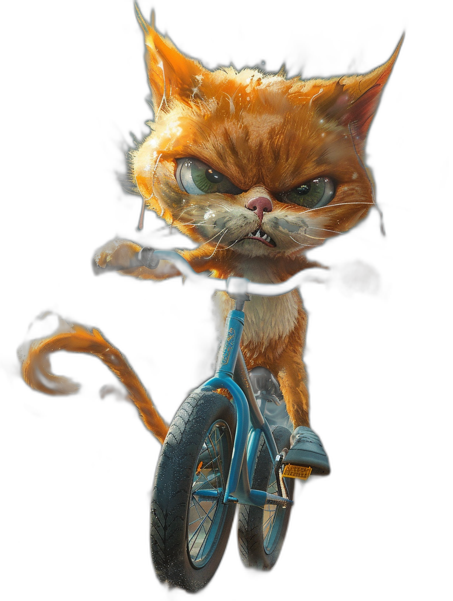 character design of an orange cat with big eyes, angry yet cute riding on a unicycle in the style of Pixar studio, black background, 3D render