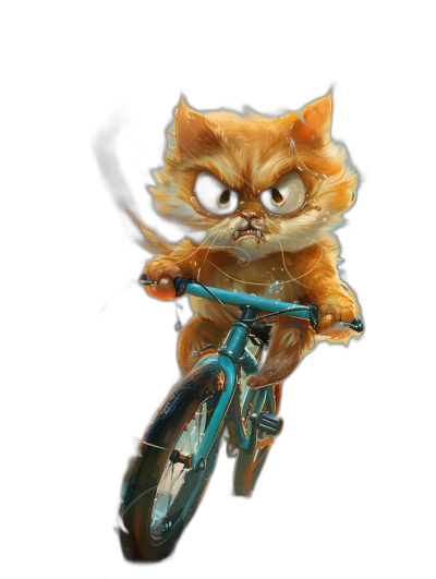 Character design of an angry ginger cat riding on the front wheel of a bicycle, on a black background, digital art in the style of [Artgerm](https://goo.gl/search?artist%20Artgerm) and [Atey Ghailan](https://goo.gl/search?artist%20Atey%20Ghailan), cinematic lighting, full body shot