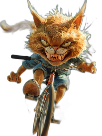 realistic digital illustration of an angry cat riding on a bicycle, isolated on a black background, full body portrait, in the style of [Tim Burton](https://goo.gl/search?artist%20Tim%20Burton), in the disney animation style,