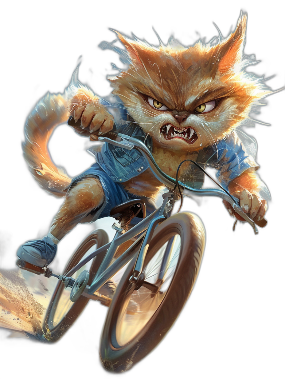 A Pixar style illustration of an angry cat riding a BMX bike, wearing blue shorts and a white t-shirt, against a black background, with vibrant colors, as a full body shot, with high resolution, high details, and sharp focus, in a cinematic style, concept art in the style of [Ross Tran](https://goo.gl/search?artist%20Ross%20Tran).