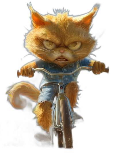 realistic digital art of an orange cat with yellow eyes, looking very angry and dirty, riding a bicycle wearing a blue shirt and jeans on a black background, in the style of Disney Pixar character design, showing a full body shot, looking cute