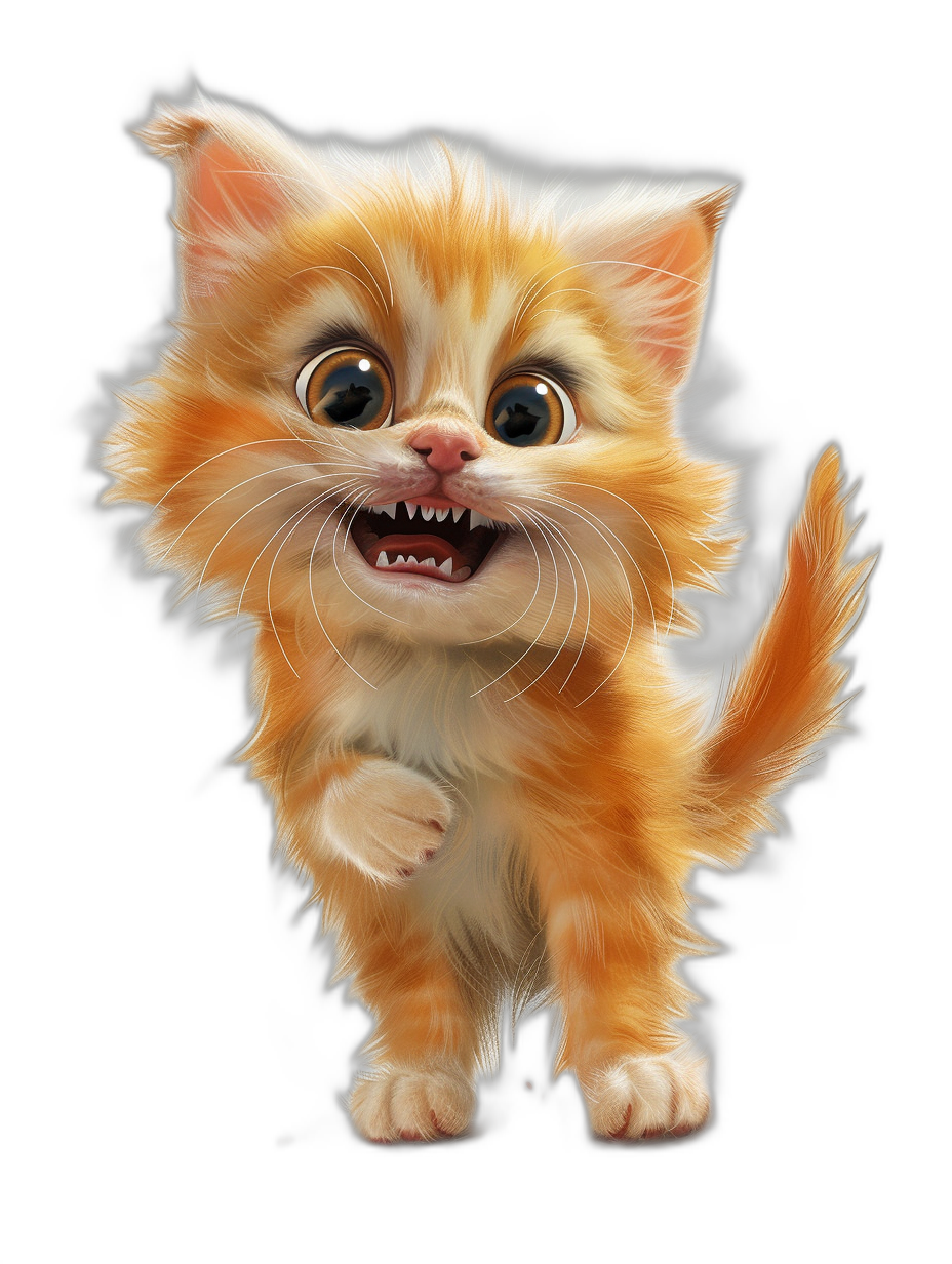 A cute happy ginger kitten with big eyes and sharp teeth, full body, black background, in the style of Pixar.