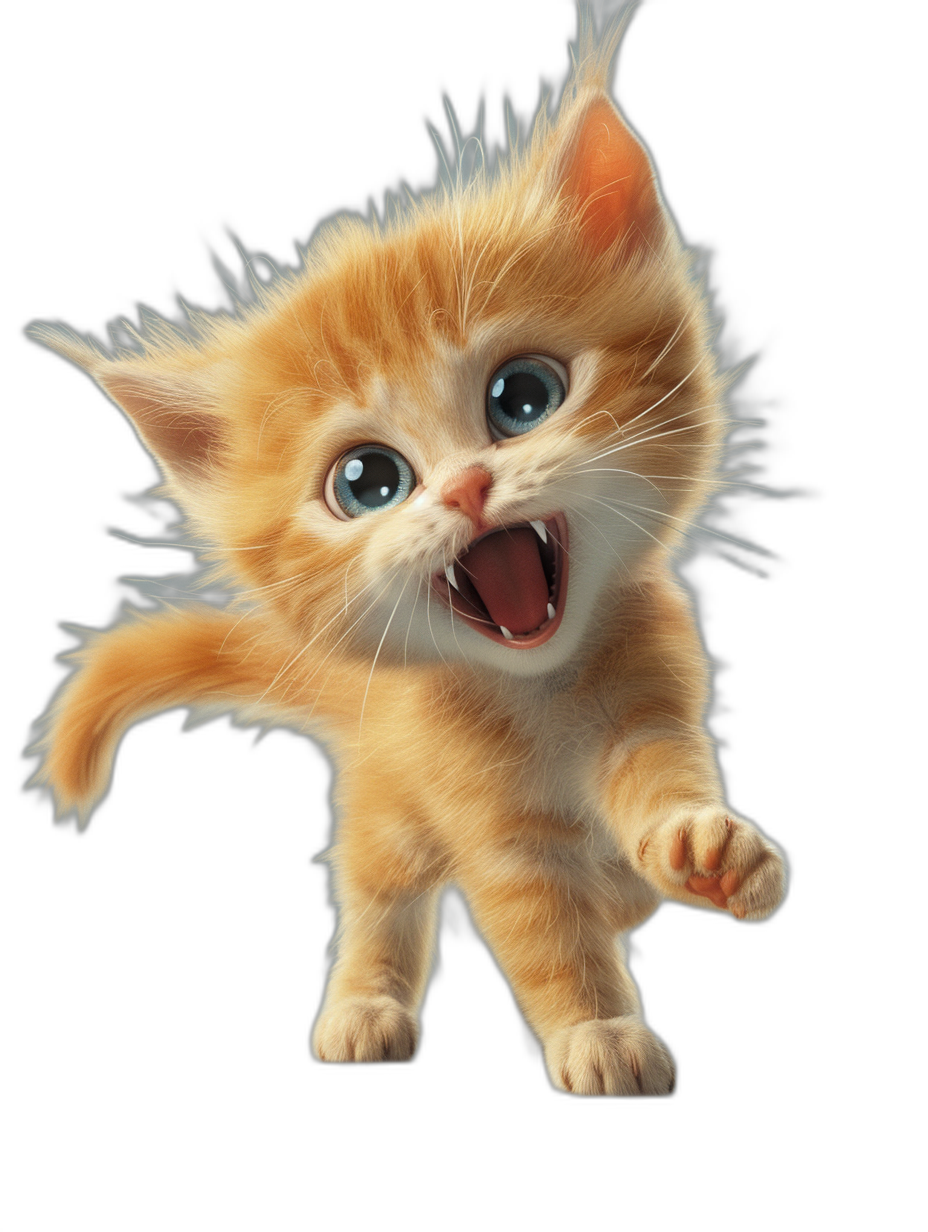 Cute orange kitten jumping and laughing in front of a black background, in the style of Pixar, in the style of Disney, 3D rendering, digital art, high resolution, high detail, high quality, high definition.