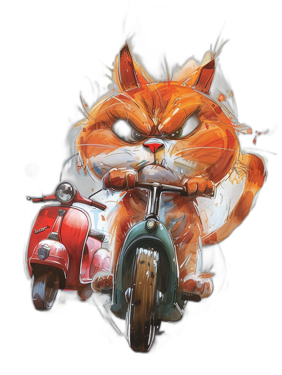 An grumpy orange cat rides on an Italian Vespa in the style of cartoon, vector graphics, black background, graffiti art, full body portrait, T-shirt design graphic, front view close-up shot, with white smoke around the cat’s head, high resolution, hyper detailed, tshirt print.