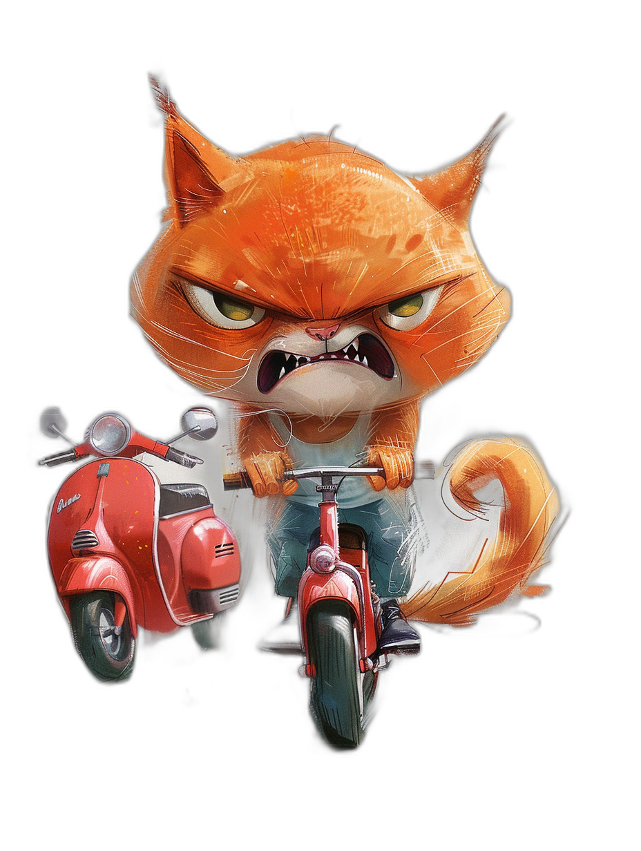 grumpy orange cat with fangs riding on a red vespa motorcycle, in the style of a cartoon children’s book illustration, full body portrait, black background, high resolution digital art