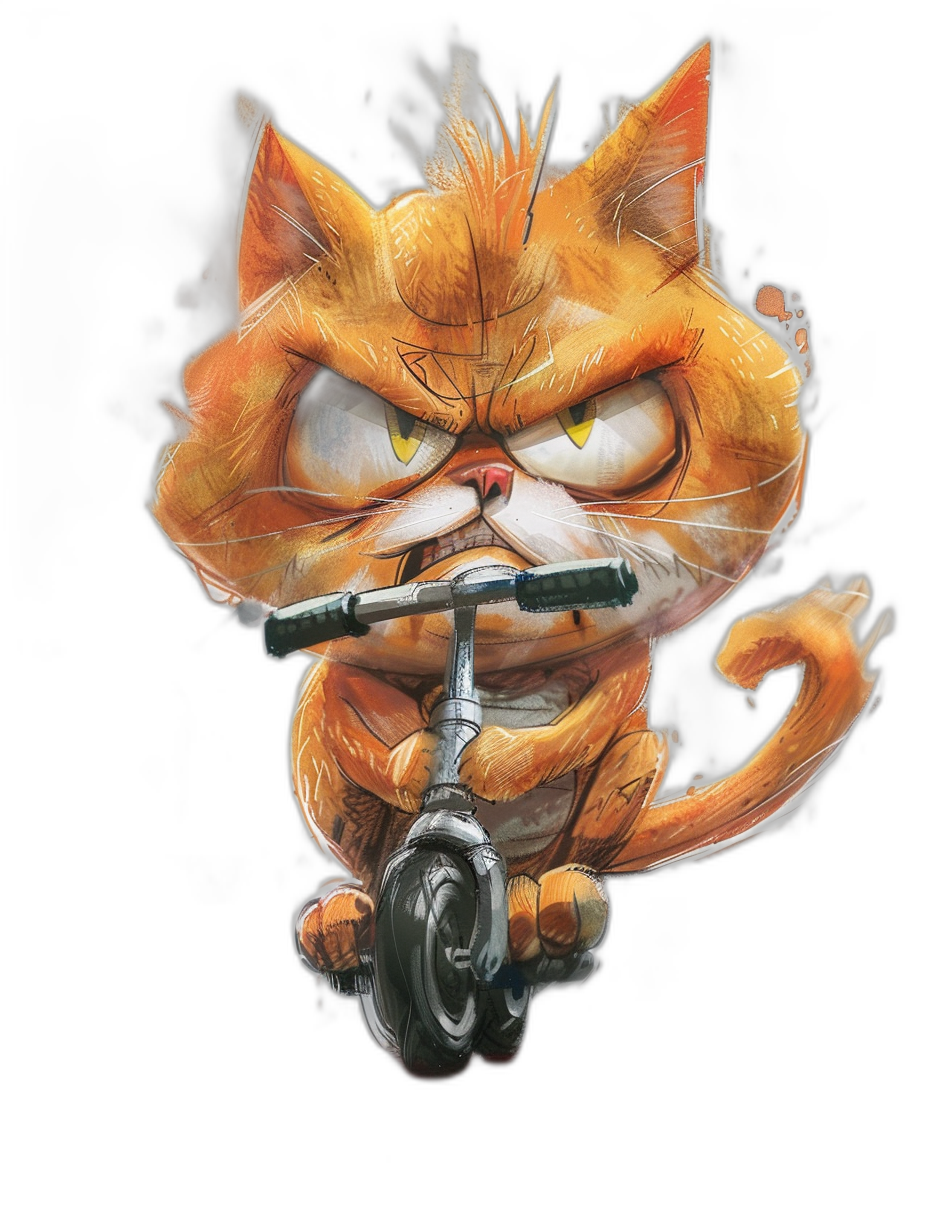 grumpy orange cat riding an electric scooter, in the style of caricature style cartoon art on a black background