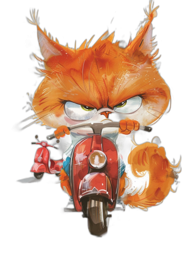 Cute fluffy fur baby fox with an angry expression, riding on the back of a red scooter in the style of a cartoon, clipart design, using a white and orange color palette, vector art illustration on a black background, cute character, cute detailed digital artwork with high resolution and high detail, created using digital airbrushing and digital painting techniques, digital art suitable for a t-shirt print design with sharp focus and photorealistic style.