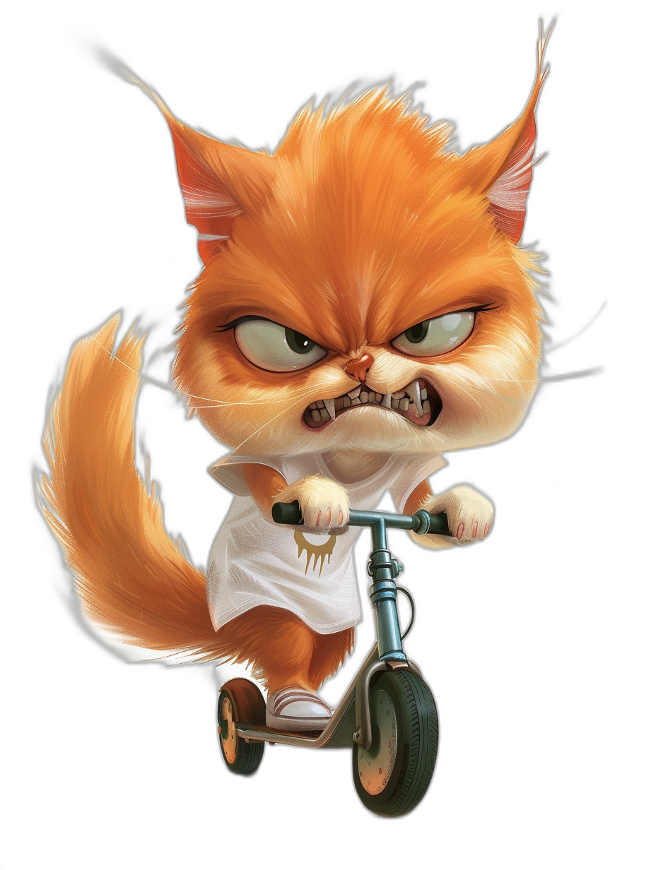 character design, orange cat with an angry expression riding on a scooter wearing a white t-shirt, black background, chibi style, expressive eyes, cute cartoonish designs, Pixar style, digital art, high resolution, high detail, hyper realistic, illustration in the style of [Tiago Hoisel](https://goo.gl/search?artist%20Tiago%20Hoisel) and in the style of Pixar