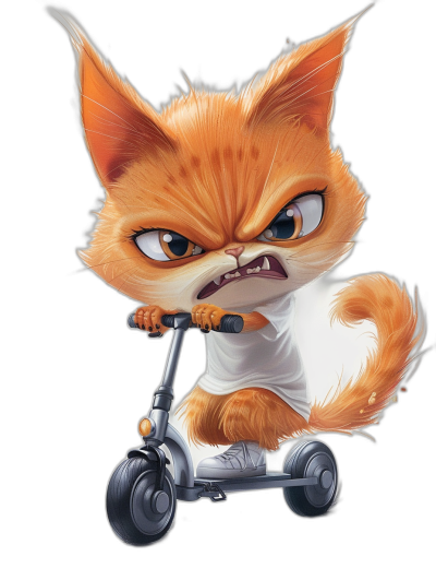 Cute cartoon orange cat riding a scooter, wearing a white t-shirt with a logo on it, on a black background, with an angry expression, with exaggerated facial features, in the style of cartoon, 2D game art style, high resolution, with detailed rendering, with high contrast, with cool tones, with focus of the lens.