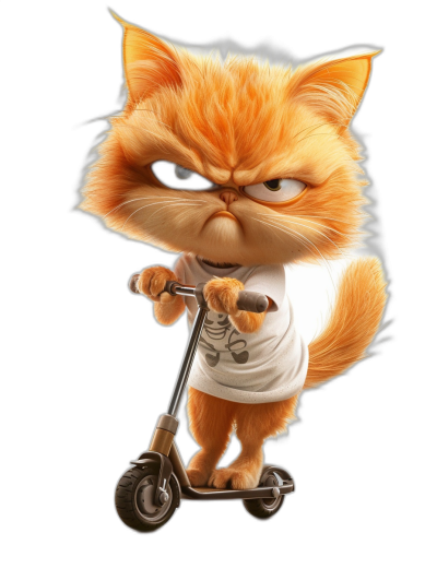 grumpy orange cat in a white t-shirt on a scooter, in the style of cartoon, black background, in the style of Pixar render, 3d character design, high quality, hyper realistic