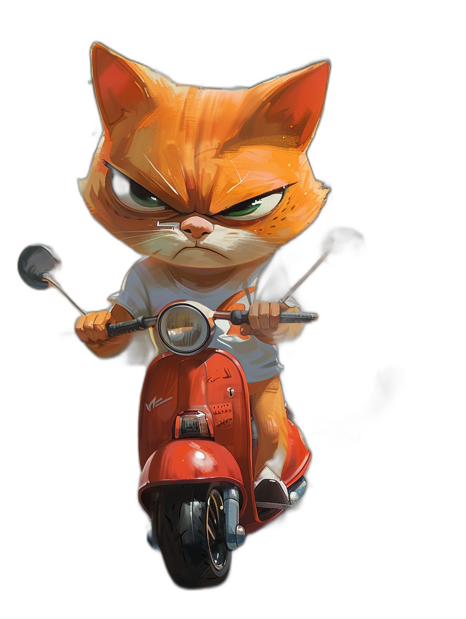 front view of an angry orange cat wearing a white t-shirt riding on a red vespa against a black background, digital art in the style of [Loish](https://goo.gl/search?artist%20Loish) and [Goro Fujita](https://goo.gl/search?artist%20Goro%20Fujita), cute cartoon character design with cel shading