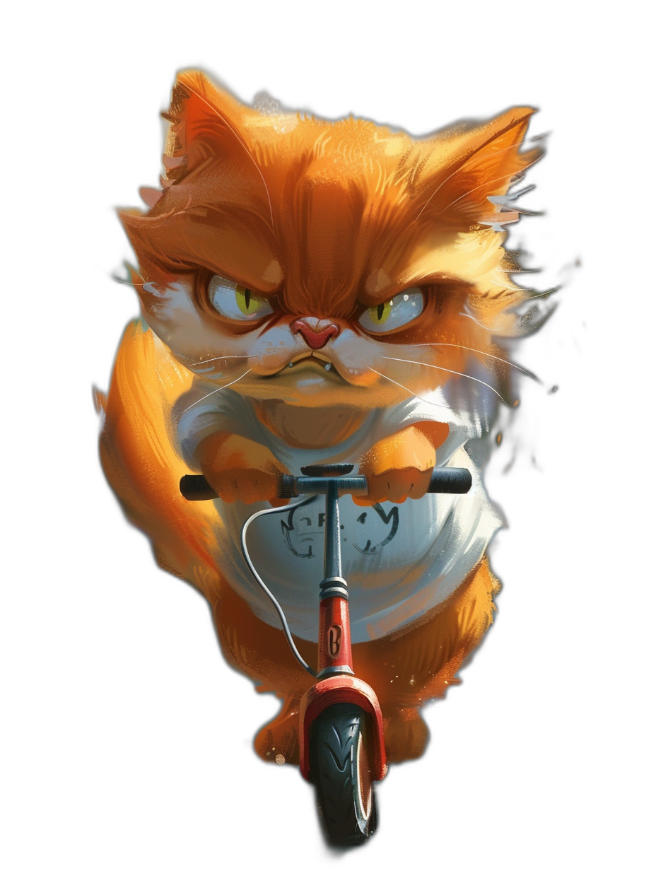 realistic orange cat, angry yet cute, riding an electric scooter, wearing a white t-shirt with a black background, in the style of Pixar