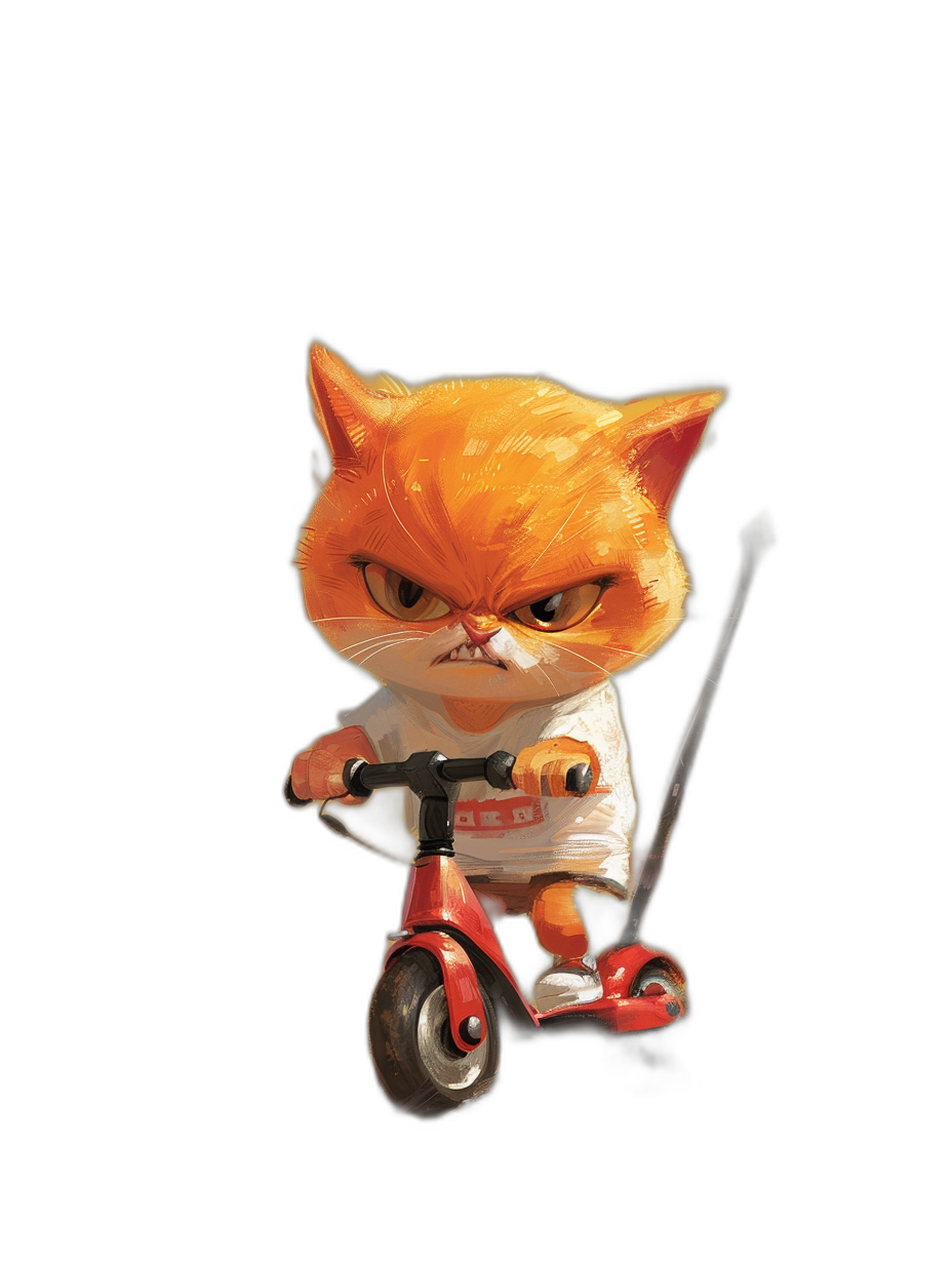 Illustration of a cute orange cat wearing a white t-shirt and red shoes riding a scooter, with an angry facial expression, against a black background, in the style of high contrast, high details, sharp focus, high resolution.