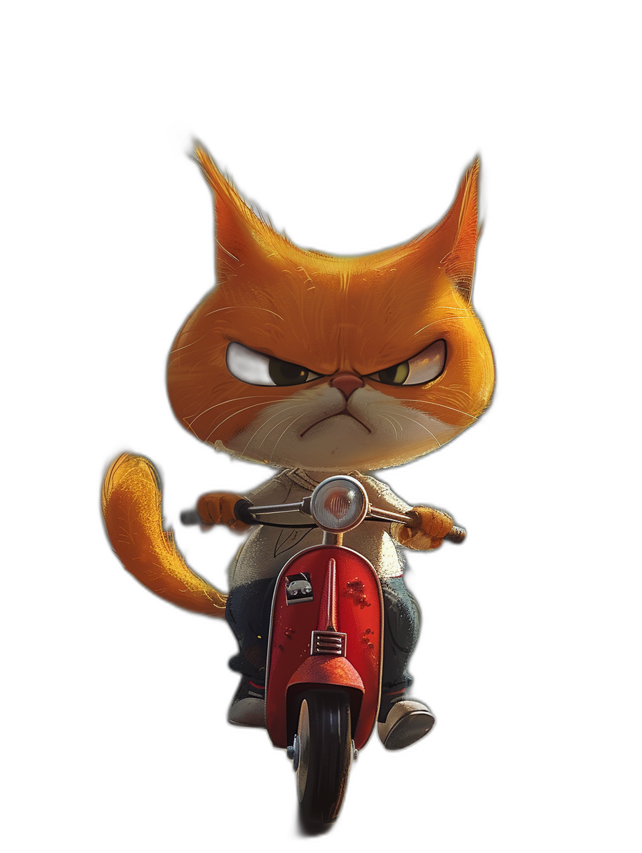 Cute cartoon cat riding a red vespa with an angry face on a black background, in the style of Disney, with Pixar animation character design rendered with a high resolution renderman rendering engine.