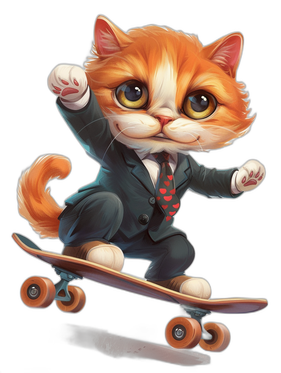 Cute cartoon cat in suit and tie riding on skateboard, vector illustration by [Artgerm](https://goo.gl/search?artist%20Artgerm), black background, dynamic pose, full body shot, concept art for game character design, high resolution, hyper realistic