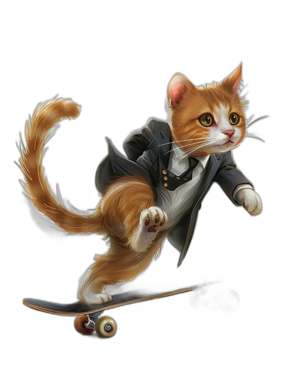 a cute ginger cat wearing an elegant suit, riding on the skateboard, vector illustration, black background, high resolution, no text, no typography, hyper realistic, digital art by Chris Rahn and [Hayao Miyazaki](https://goo.gl/search?artist%20Hayao%20Miyazaki), professional photography, studio lighting, ultra detailed, sharp focus, hyper-realistic