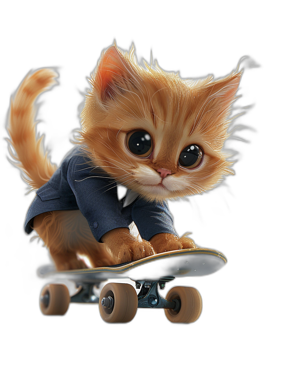 Cute cat riding on a skateboard, wearing a blue suit, with a black background, in the cute cartoon character design style, a cute kitten with big eyes, a long shot, with a super realistic and detailed rendering of fur texture, with bright and vivid colors, with cinematic lighting, a dynamic composition, with studio lighting, ultra high definition, high resolution, in the octane render style.