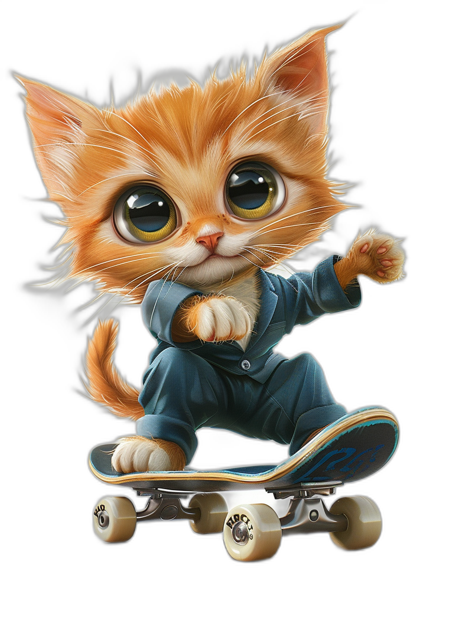 digital art of a cute kitten, wearing a suit and riding on a skateboard against a black background, with big eyes and a lovely, beautiful expression.