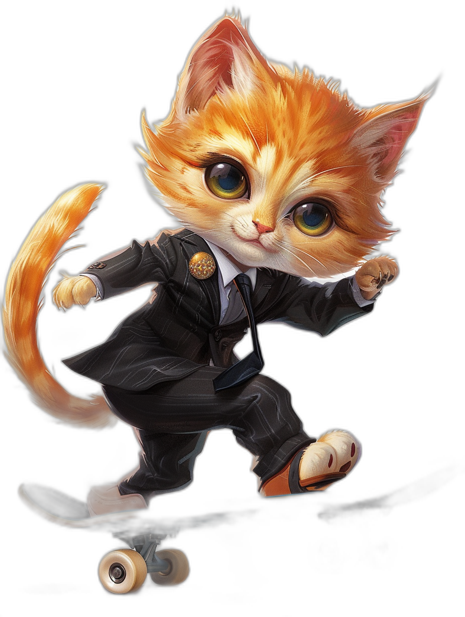 character design, cute ginger cat in a suit on a skateboard with big eyes and a long tail in the style of [Artgerm](https://goo.gl/search?artist%20Artgerm), black background