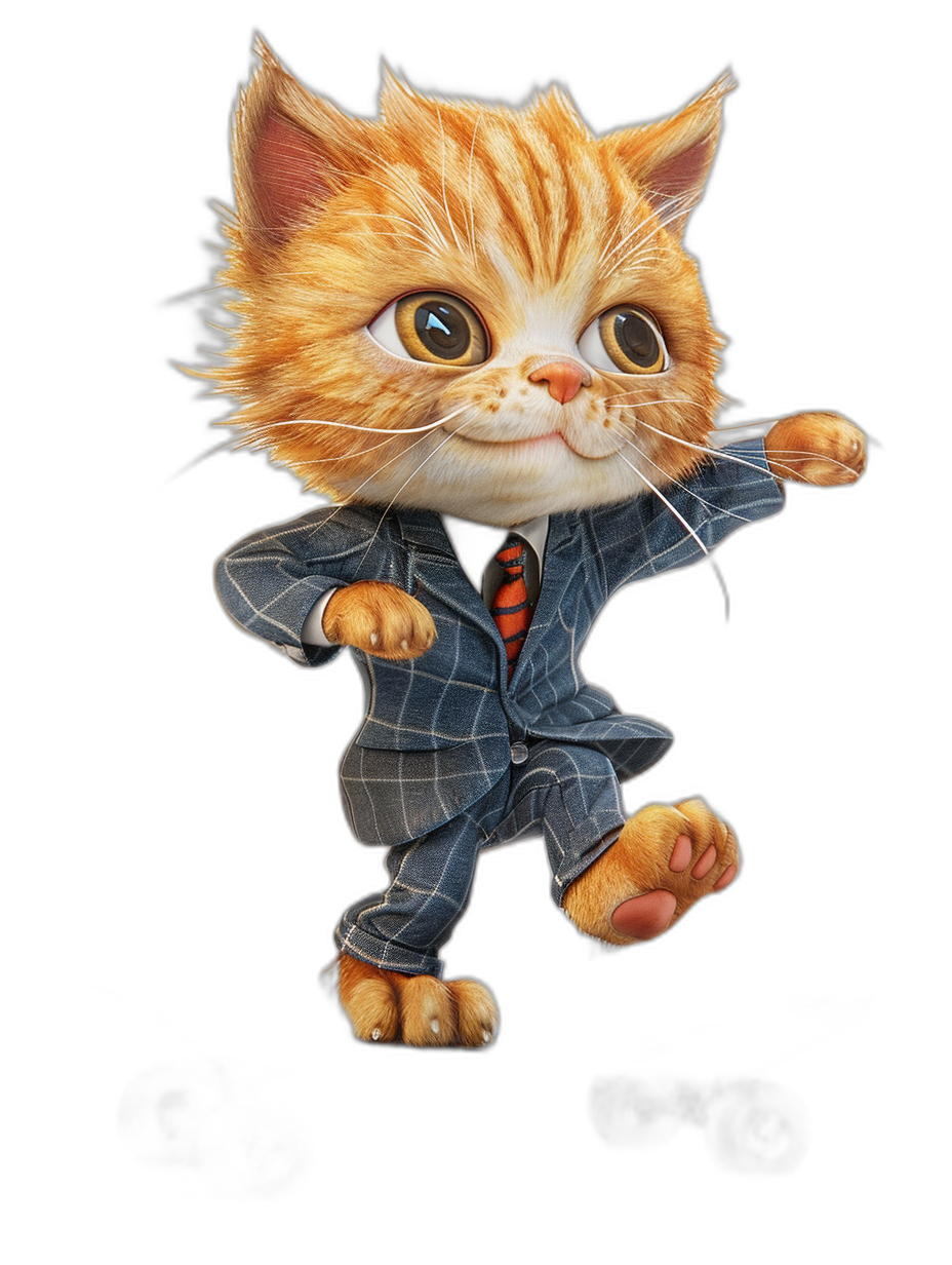 cute ginger cat in suit dancing in the style of cartoon style on a black background, 3D render