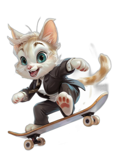 A cute cat in a suit, riding on a skateboard in the style of cartoon, on a black background, with detailed character design showing the full body, in a 2d game art style with high resolution and high detail like a digital painting concept art.